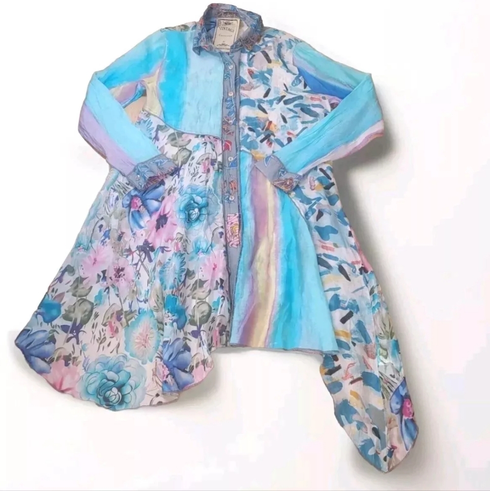 Vintage Concepts Tunic Top Woman Small Med Fairy Coastal Sheer Blue Floral Nwot